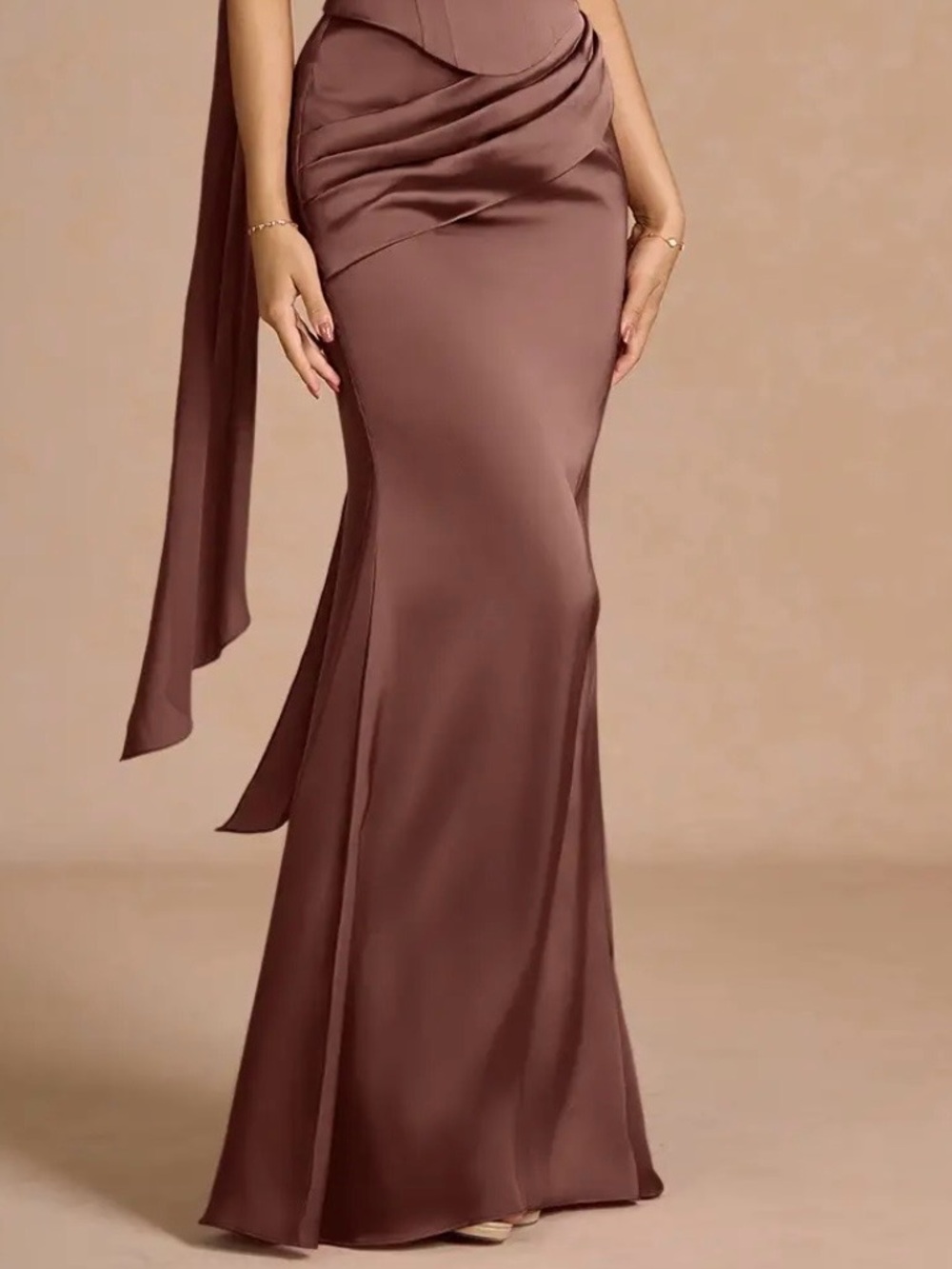 Azazie NWT Sorrel Mocha Coco Chocolate Brown Mermaid Satin Maxi Skirt 4